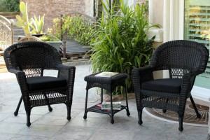 Black Wicker Chair And End Table Set With Black Cushion