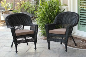 Black Wicker Chair With Brown Cushion - Set of 4