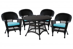 5pc Black Wicker Dining Set - Sky Blue Cushions