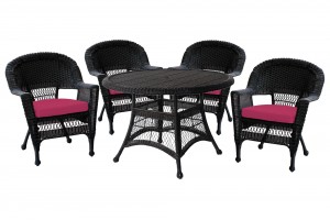 5pc Black Wicker Dining Set - Red Cushions