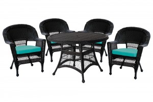 5pc Black Wicker Dining Set - Turquoise Cushions