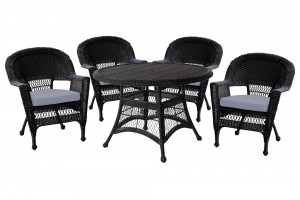 5pc Black Wicker Dining Set - Steel Blue Cushions
