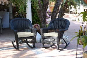 Black Rocker Wicker Chair with Ivory Cushion -  Set of 2