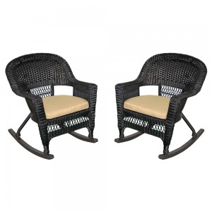 Black Rocker Wicker Chair with Tan Cushion -  Set of 2