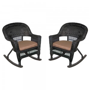 Black Rocker Wicker Chair with Brown  Cushion -  Set of 2
