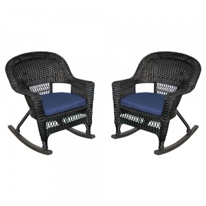 Black Rocker Wicker Chair with Midnight Blue Cushion -  Set of 2
