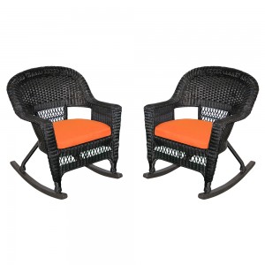 Black Rocker Wicker Chair with Orange Cushion -  Set of 2