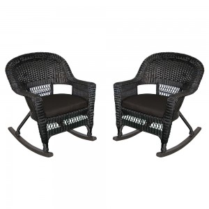 Black Rocker Wicker Chair with Black Cushion -  Set of 2