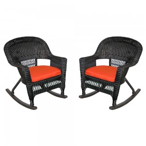 Black Rocker Wicker Chair with Brick Red Cushion -  Set of 2