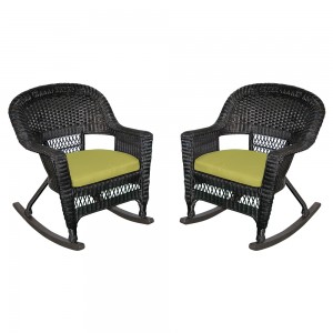 Black Rocker Wicker Chair with Sage Green Cushion -  Set of 2