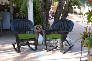 Black Rocker Wicker Chair with Hunter Green Cushion -  Set of 2