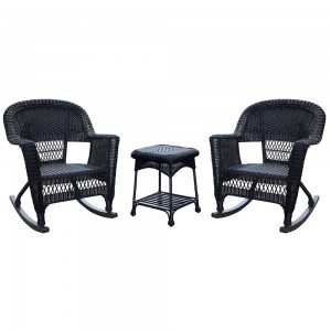 3pc Black Rocker Wicker Chair Set Without Cushion