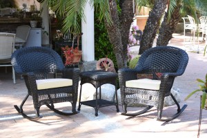 3pc Black Rocker Wicker Chair Set With Ivory Cushion