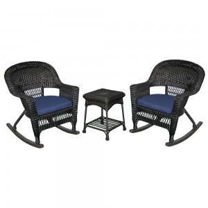 3pc Black Rocker Wicker Chair Set With Cushion