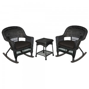 3pc Black Rocker Wicker Chair Set With Black Cushion