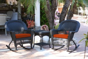 3pc Black Rocker Wicker Chair Set With Brick Red Cushion