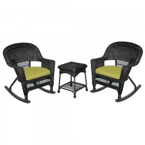 3pc Black Rocker Wicker Chair Set With Sage Green Cushion
