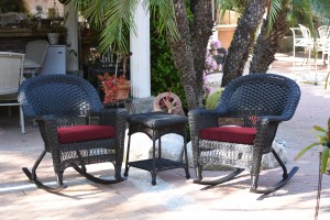 3pc Black Rocker Wicker Chair Set With Red Cushion
