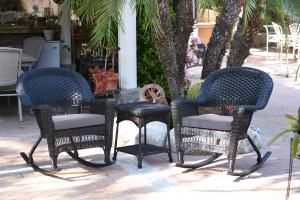3pc Black Rocker Wicker Chair Set With Steel Blue Cushion