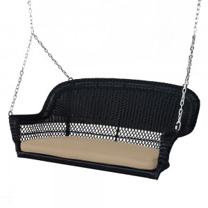 Black Resin Wicker Porch Swing with Tan Cushion