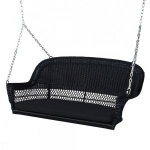 Black Resin Wicker Porch Swing with Black Cushion
