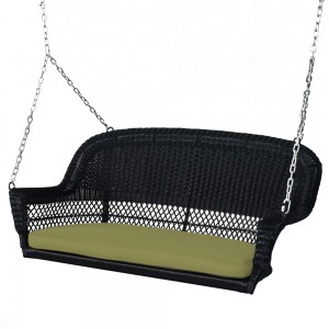 Black Resin Wicker Porch Swing with Sage Green Cushion