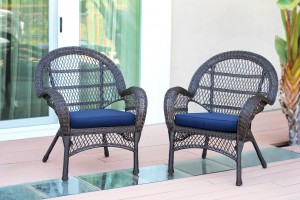 Santa Maria Espresso Wicker Chair with Midnight Blue Cushion - Set of 2