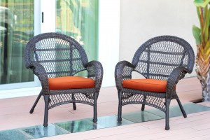 Santa Maria Espresso Wicker Chair with Orange Cushion - Set of 2