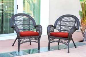 Santa Maria Espresso Wicker Chair with Brick Red Cushion - Set of 4