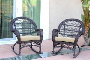 Santa Maria Espresso Wicker Rocker Chair with Ivory Cushion - Set of 2
