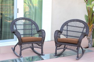 Espresso Wicker Rocker Chair with Brown Cushion - Set of 4