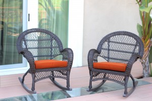 Espresso Wicker Rocker Chair with Orange Cushion - Set of 4