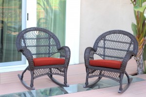 Espresso Wicker Rocker Chair with Brick Red Cushion - Set of 4