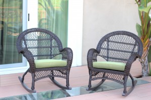 Espresso Wicker Rocker Chair with Sage Green Cushion - Set of 4