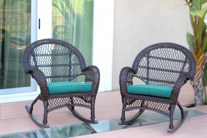 Santa Maria Espresso Wicker Rocker Chair with Turquoise Cushion - Set of 2