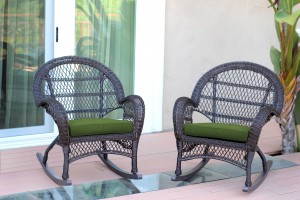 Santa Maria Espresso Wicker Rocker Chair with Hunter Green Cushion - Set of 2
