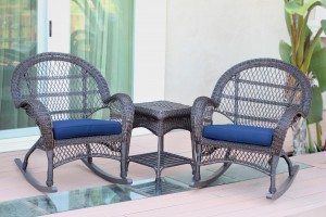 3pc Santa Maria Espresso Rocker Wicker Chair Set - Midnight Blue Cushions