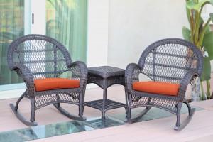 3pc Santa Maria Espresso Rocker Wicker Chair Set - Orange Cushions
