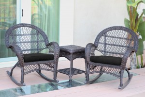 3pc Santa Maria Espresso Rocker Wicker Chair Set - Black Cushions