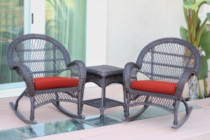3pc Santa Maria Espresso Rocker Wicker Chair Set - Brick Red Cushions