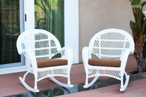 Santa Maria White Wicker Rocker Chair with Brown Cushion - Set of 4