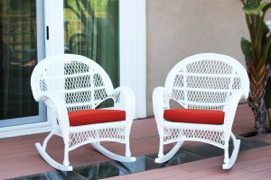 Santa Maria White Wicker Rocker Chair with Brick Red Cushion - Set of 4