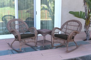 3pc Santa Maria Honey Rocker Wicker Chair Set - Black Cushions