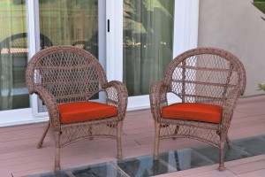 Santa Maria Honey Wicker Chair with Brick Red Cushions Set of 2