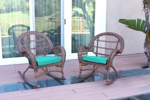 Santa Maria Honey Wicker Rocker Chair with Turquoise Cushion - Set of 2