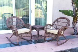 3pc Santa Maria Honey Rocker Wicker Chair Set - Ivory Cushions
