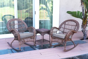 3pc Santa Maria Honey Rocker Wicker Chair Set - Steel Blue Cushions