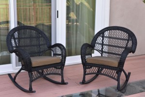 Santa Maria Black Wicker Rocker Chair with Brown Cushion - Set of 2