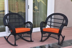 Santa Maria Black Wicker Rocker Chair with Orange Cushion - Set of 2