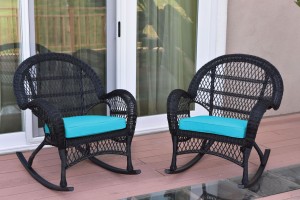 Santa Maria Black Wicker Rocker Chair with Sky Blue Cushion - Set of 2